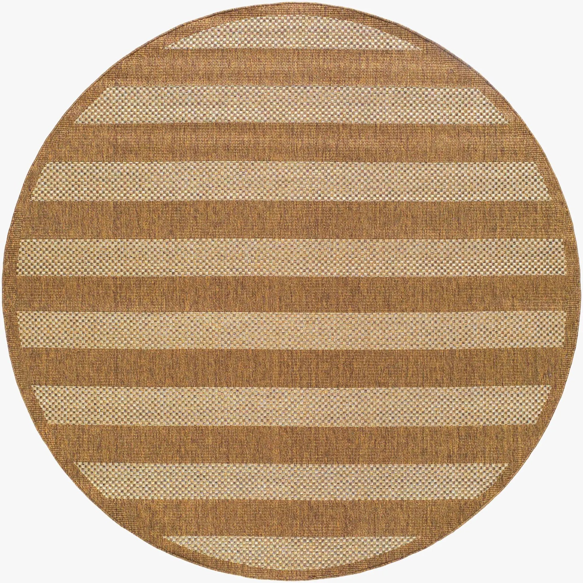 Hiero Flatweave Faux Jute Outdoor Rug round, tan and cream woven stripes Boutique Rugs on Tampa Home & Garden Store