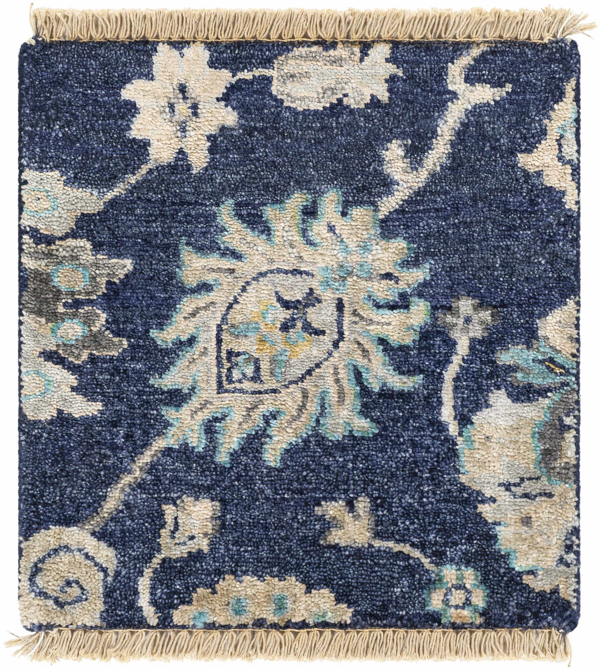 Pinetop Premium Rug navy floral pattern with cream accents, fringed ends Boutique Rugs on Tampa Home & Garden Store