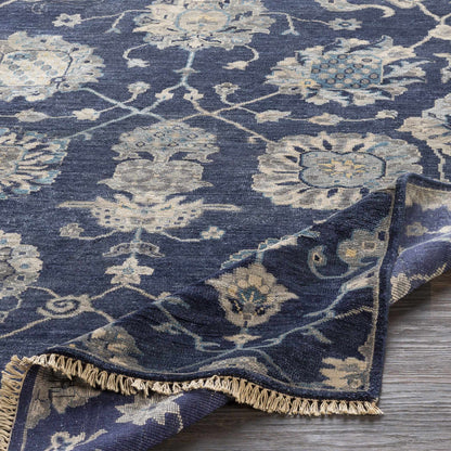 Pinetop Premium Rug navy blue with beige floral pattern and fringe by Boutique Rugs clearance on Tampa Home & Garden Store