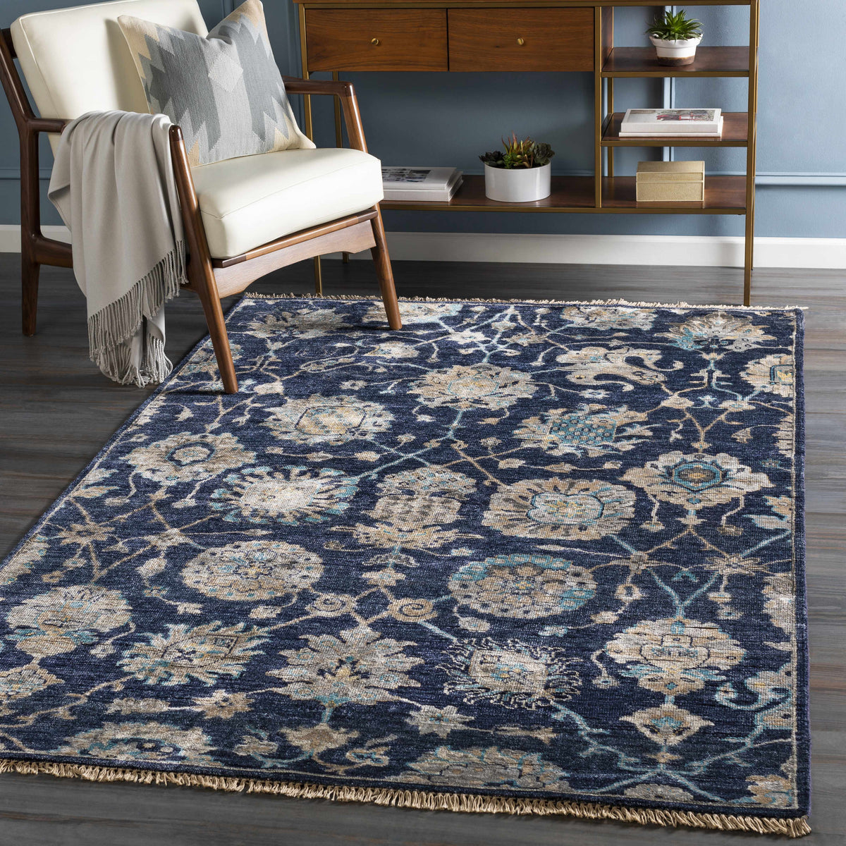 Pinetop Premium Rug navy blue beige ornate pattern clearance on Tampa Home & Garden Store