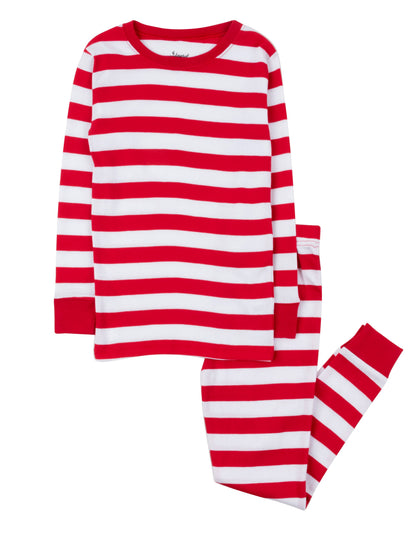 Pyjama deux pièces en coton pour enfants, rayures rouges et blanches -