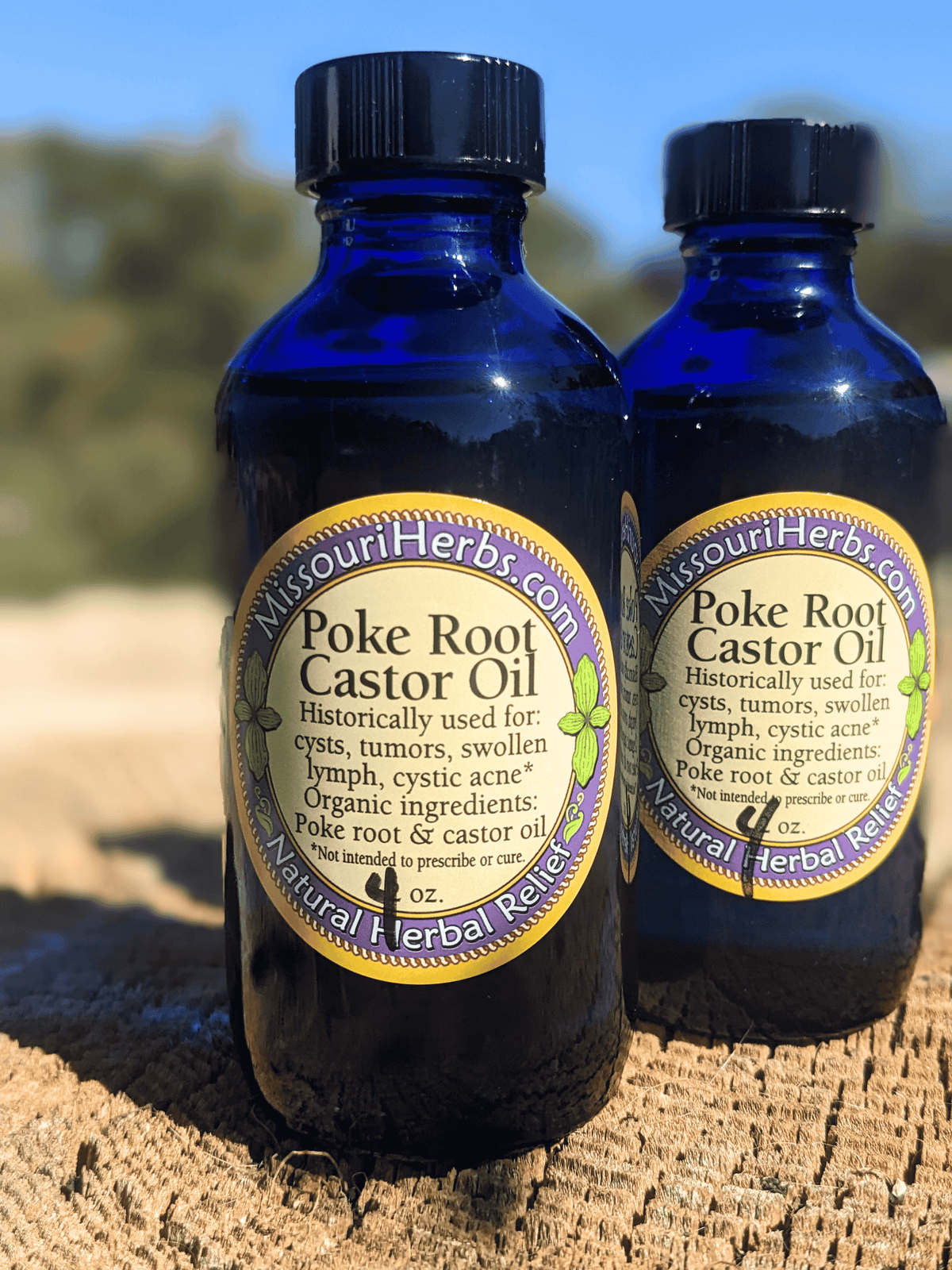 Poke Root Castor Oil bottle, blue glass; organic herbal infusion for skin care by Homestead Iron, LLC on Tampa Home & Garden Store