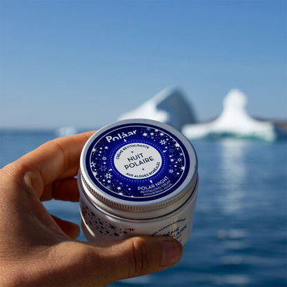 Polaar Revitalizing Night Cream with Boreal Algae jar held in hand; blue lid and starry label on Tampa Home & Garden Store