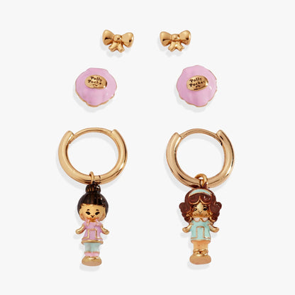 Polly Pocket earrings set of 3: gold bow studs, pink disks, and character charms by ALEX AND ANI on Tampa Home & Garden Store