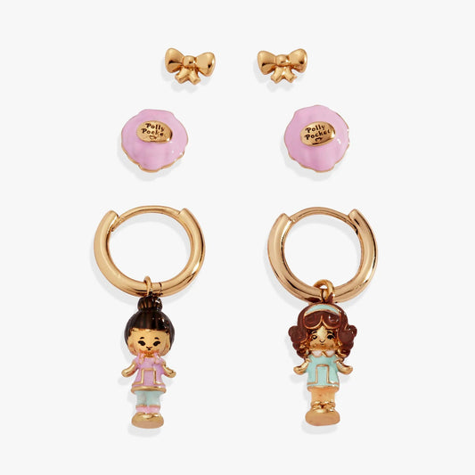 Polly Pocket earrings set of 3: gold bow studs, pink disks, and character charms by ALEX AND ANI on Tampa Home & Garden Store