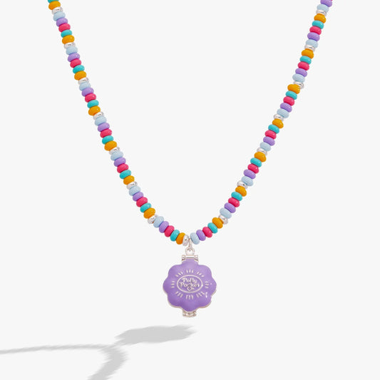 Polly Pocket Pool Party beaded necklace with pastel beads and purple locket pendant on Tampa Home & Garden Store