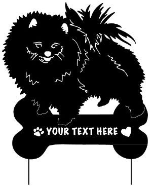 Pomeranian garden stake silhouette lawn ornament by Rustica Ornamentals with text plaque on Tampa Home & Garden Store