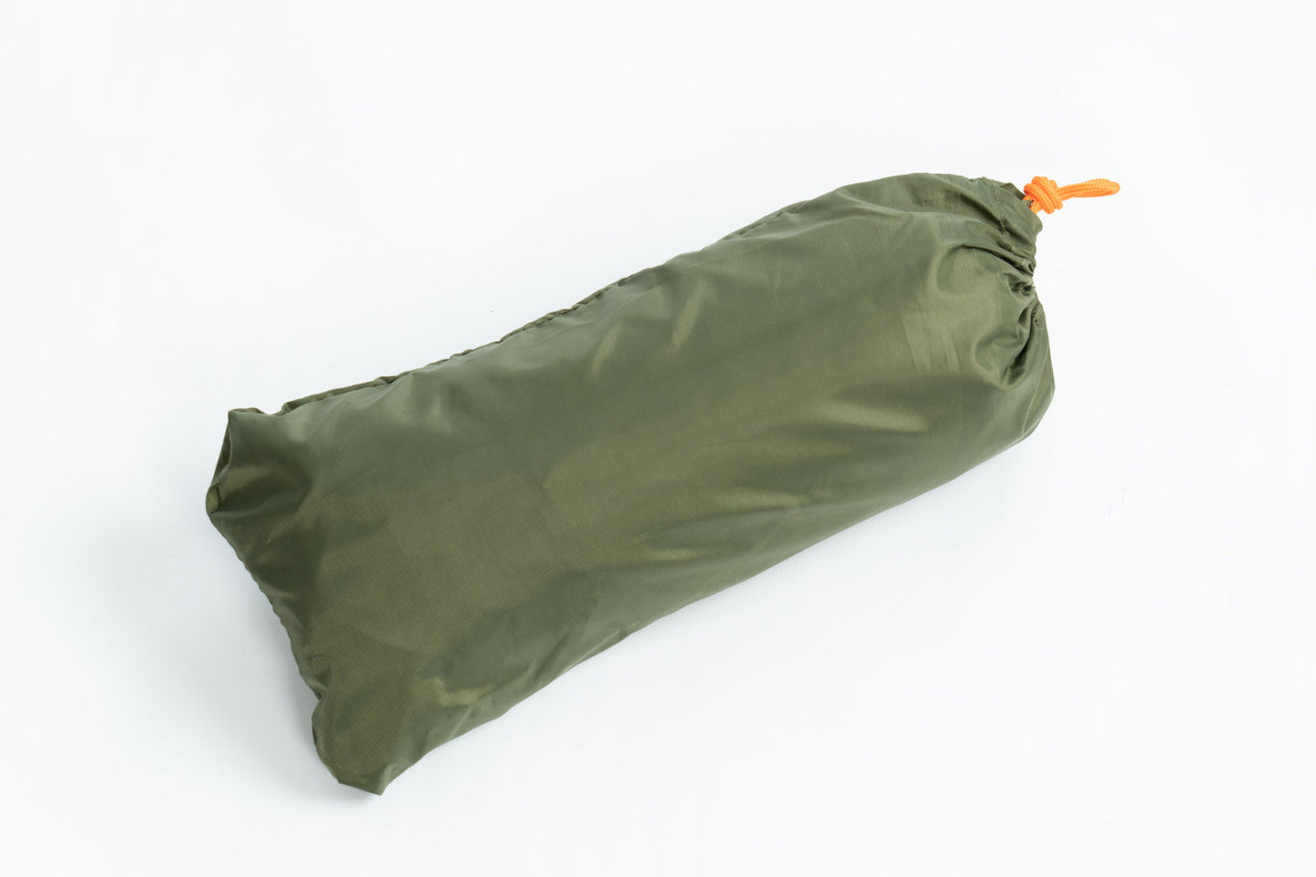 Poncho Rain Fly Tarp in olive green stuff sack with orange drawcord on Tampa Home & Garden Store