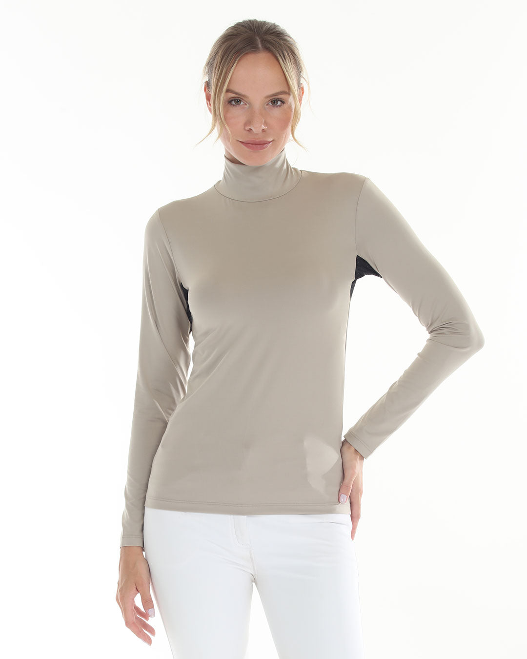 POPPI X Equestrian Top taupe long-sleeve schooling sun top with black side panels BellEq Equestrian Apparel on Tampa Home & Garden Store