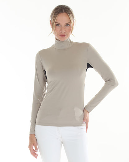 POPPI X Equestrian Top taupe long-sleeve schooling sun top with black side panels BellEq Equestrian Apparel on Tampa Home & Garden Store