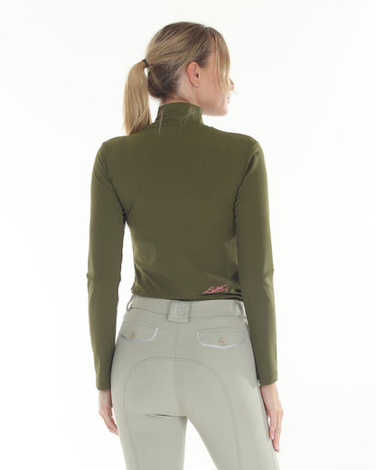 POPPI X Equestrian Top olive green long-sleeve sun top with BellEq logo at hem, paired with light gray riding pants on Tampa Home & Garden Store