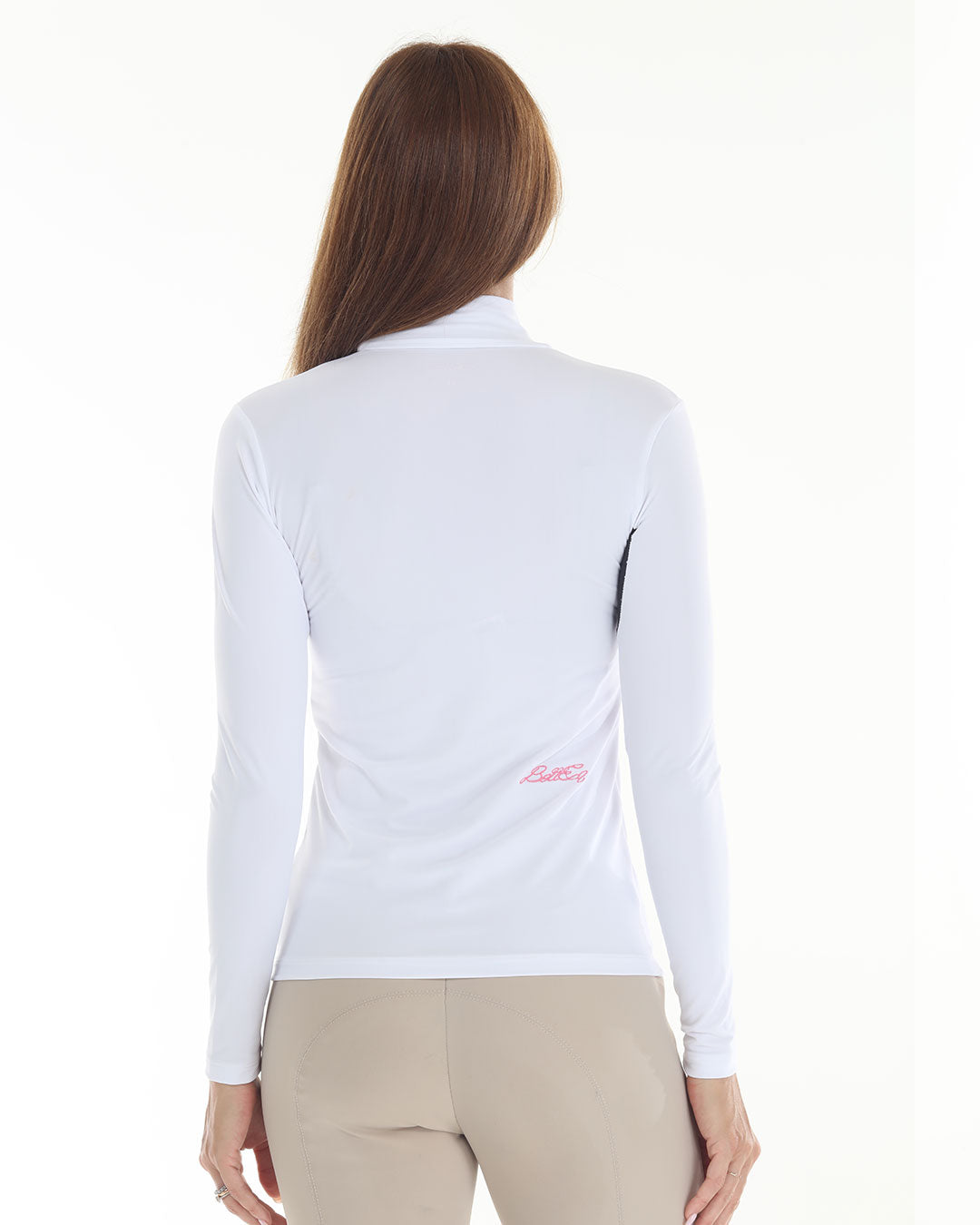 POPPI X Equestrian Top white long-sleeve schooling sun top by BellEq with pink back logo on Tampa Home & Garden Store