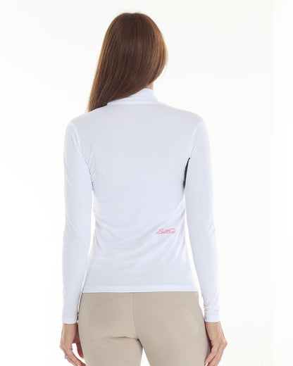 POPPI X Equestrian Top white long-sleeve schooling sun top by BellEq with pink back logo on Tampa Home & Garden Store
