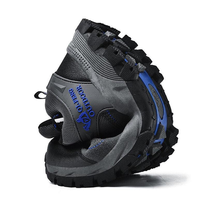 Stevvex hiking shoe outdoor athletic footwear black gray with blue accents rugged outsole on Tampa Home & Garden Store