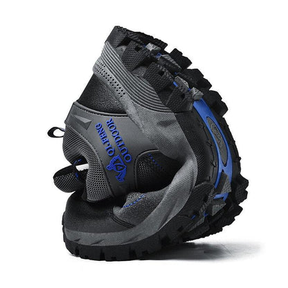 Stevvex hiking shoe outdoor athletic footwear black gray with blue accents rugged outsole on Tampa Home & Garden Store
