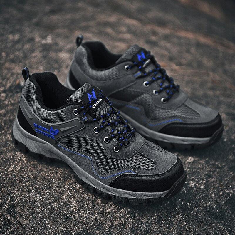 Stevvex outdoor hiking shoes black gray with blue accents and rugged sole pair on Tampa Home & Garden Store