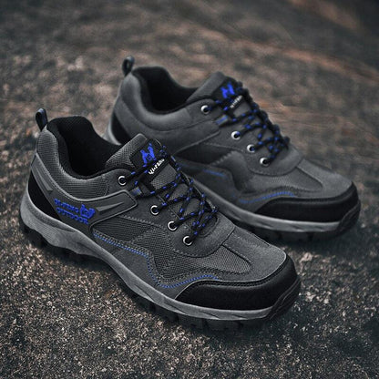 Stevvex outdoor hiking shoes black gray with blue accents and rugged sole pair on Tampa Home & Garden Store