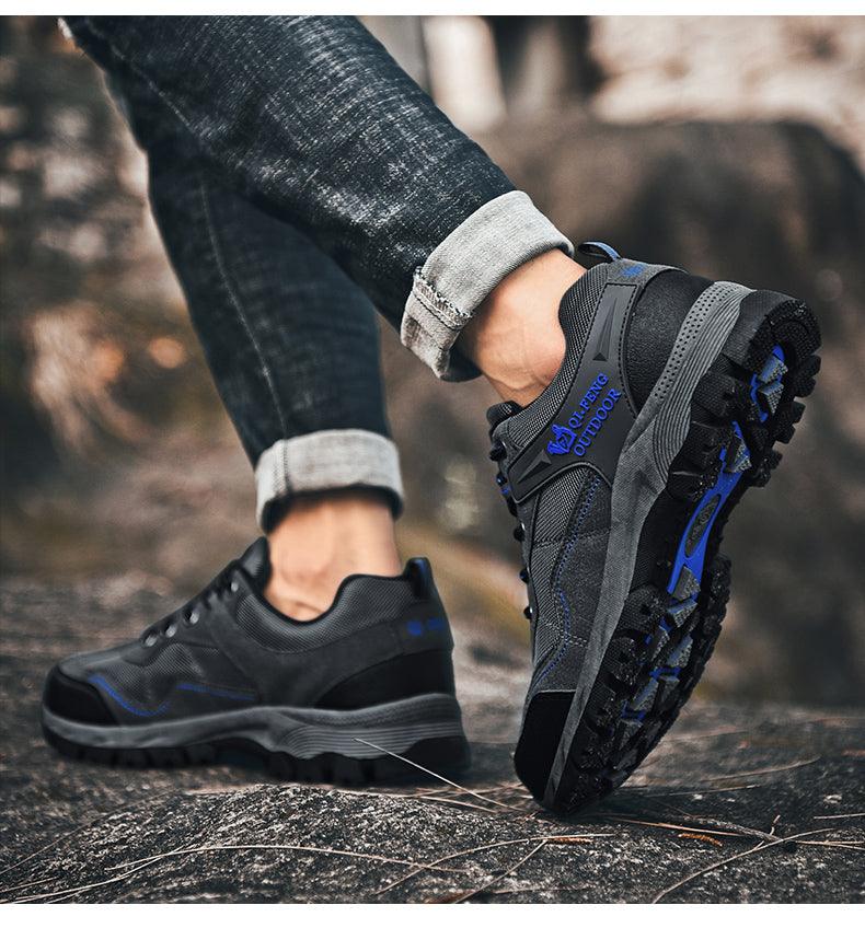 Stevvex outdoor hiking shoes black and gray with blue accents rugged outsole on Tampa Home & Garden Store