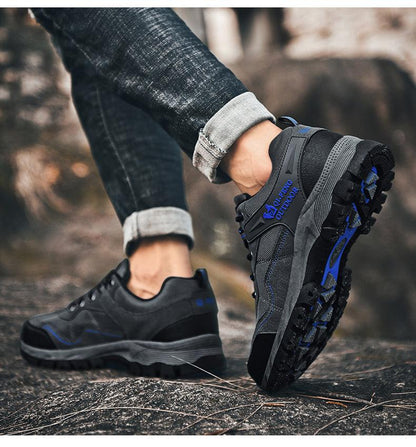 Stevvex outdoor hiking shoes black and gray with blue accents rugged outsole on Tampa Home & Garden Store