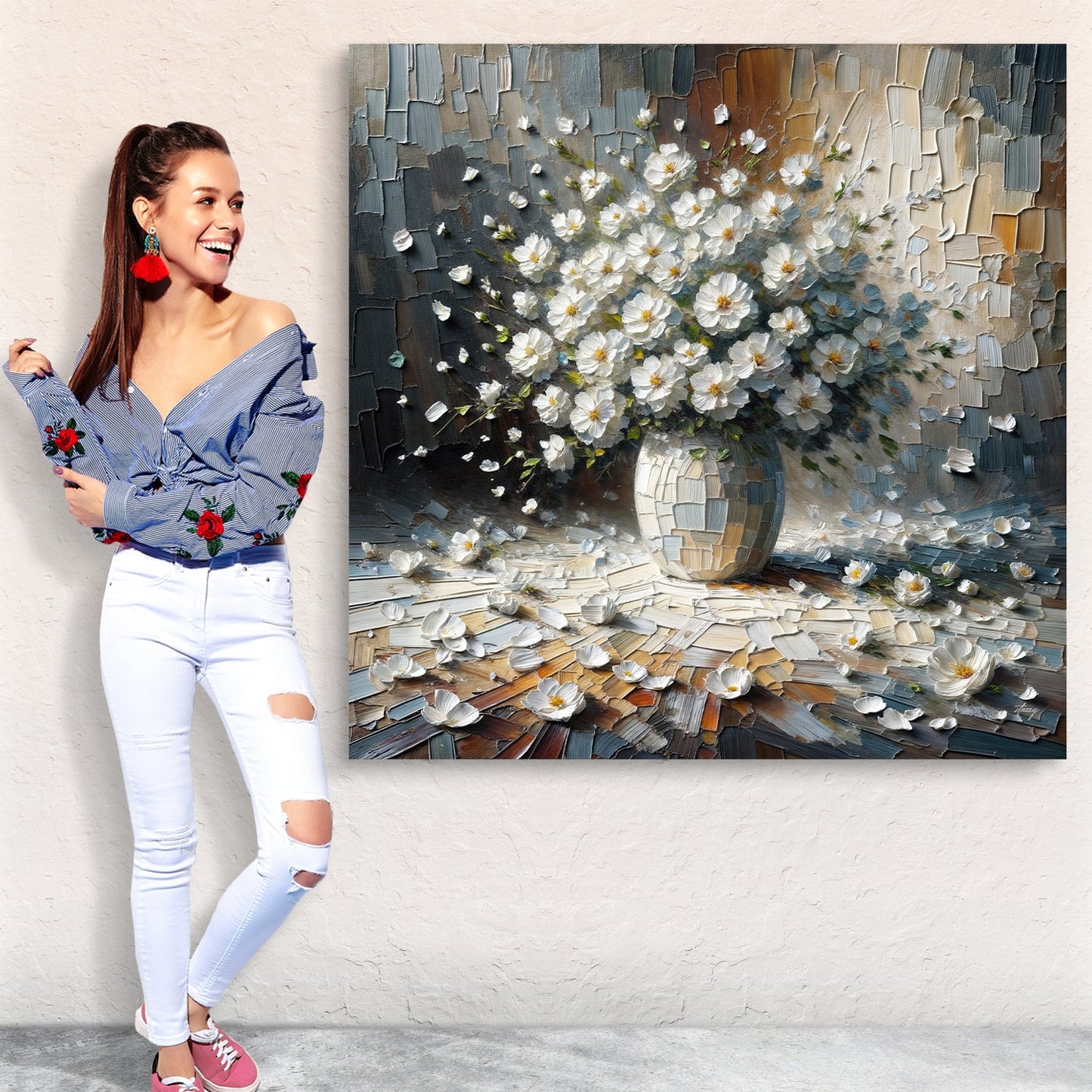 Canvas Print Porcelain Bloom Tailored Canvases; white daisies in a vase with textured impasto on Tampa Home & Garden Store