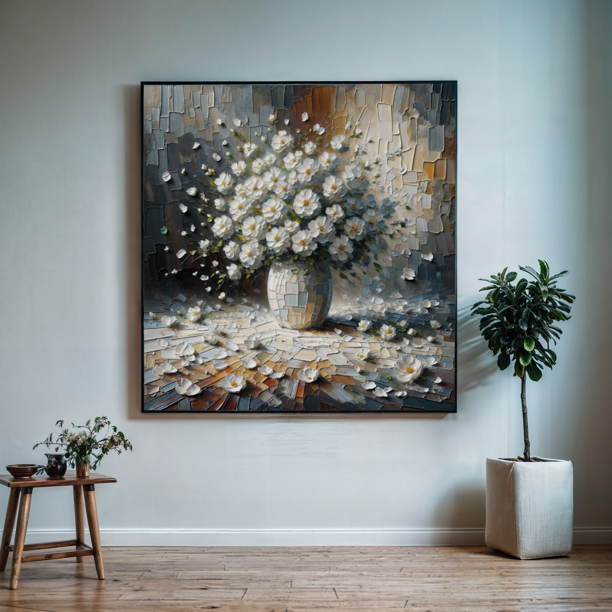 Canvas print Porcelain Bloom by Tailored Canvases, white flowers in a vase with blue-gray tones on Tampa Home & Garden Store