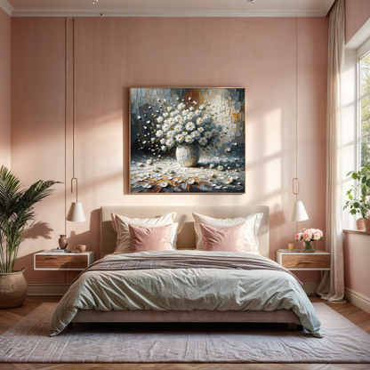 Canvas Print Porcelain Bloom Tailored Canvases floral daisies in a blue mosaic vase on pink wall on Tampa Home & Garden Store