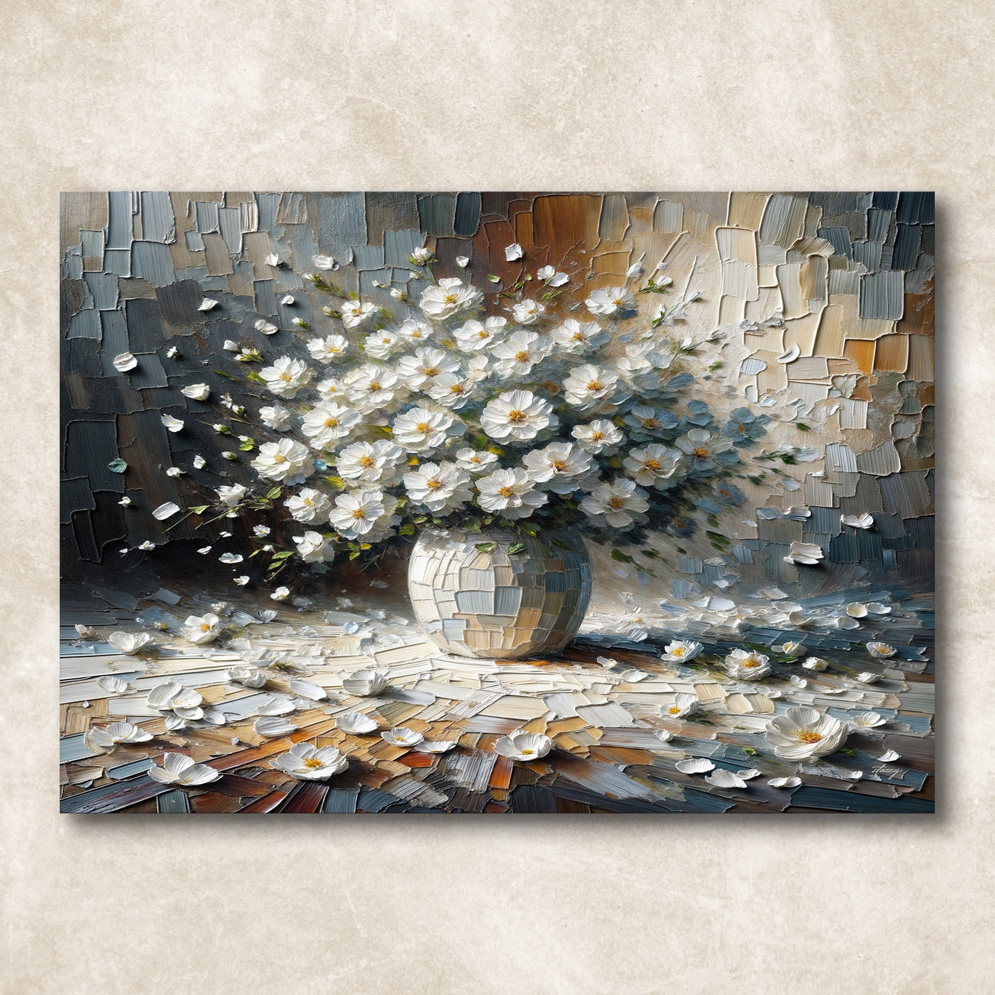 Canvas print Porcelain Bloom by Tailored Canvases; white daisies in a textured blue bouquet on Tampa Home & Garden Store