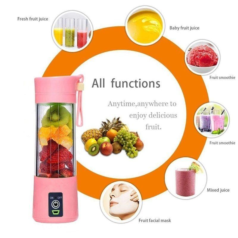 Pink Stevvex portable blender mixer USB electric juicer bottle filled with sliced fruit on Tampa Home & Garden Store
