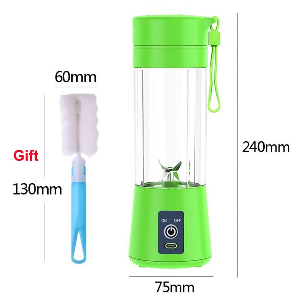 Stevvex portable blender green USB mini mixer with clear bottle and blue cleaning brush on Tampa Home & Garden Store