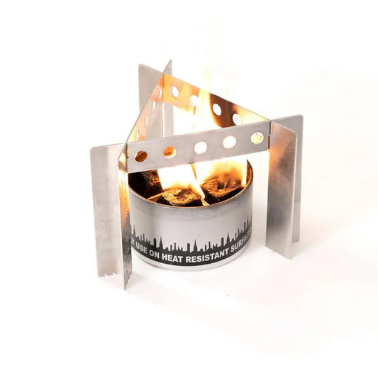 Ultralight collapsible stove and trivet by City Bonfires with metal frame around a fuel can on Tampa Home & Garden Store