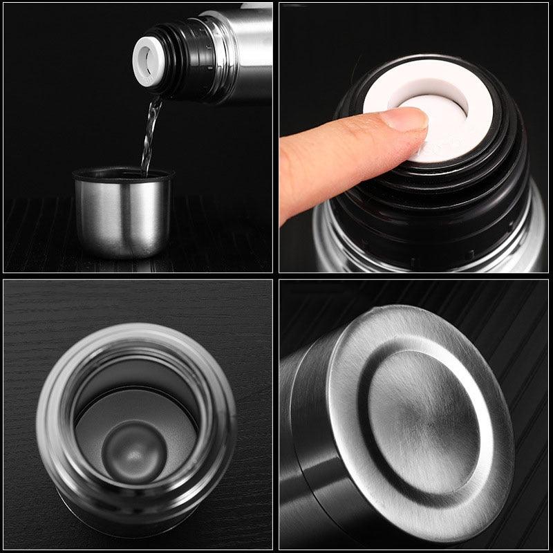 Stevvex stainless steel thermos with screw-top lid; pouring into a cup and lid close-up on Tampa Home & Garden Store