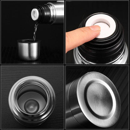 Stevvex stainless steel thermos with screw-top lid; pouring into a cup and lid close-up on Tampa Home & Garden Store