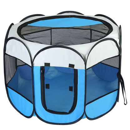 Portable foldable pet playpen blue and gray with mesh panels and front zip doors by DailySale on Tampa Home & Garden Store