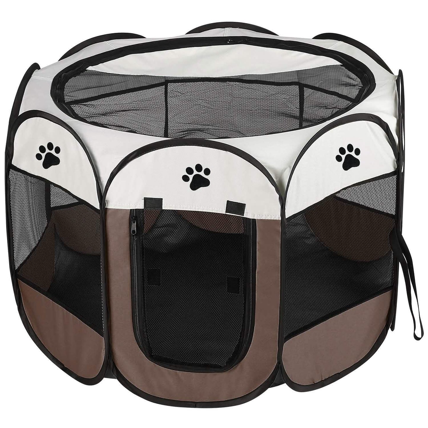 Portable foldable pet playpen for dogs and cats, white panels with paw prints, brown base, zipper on Tampa Home & Garden Store