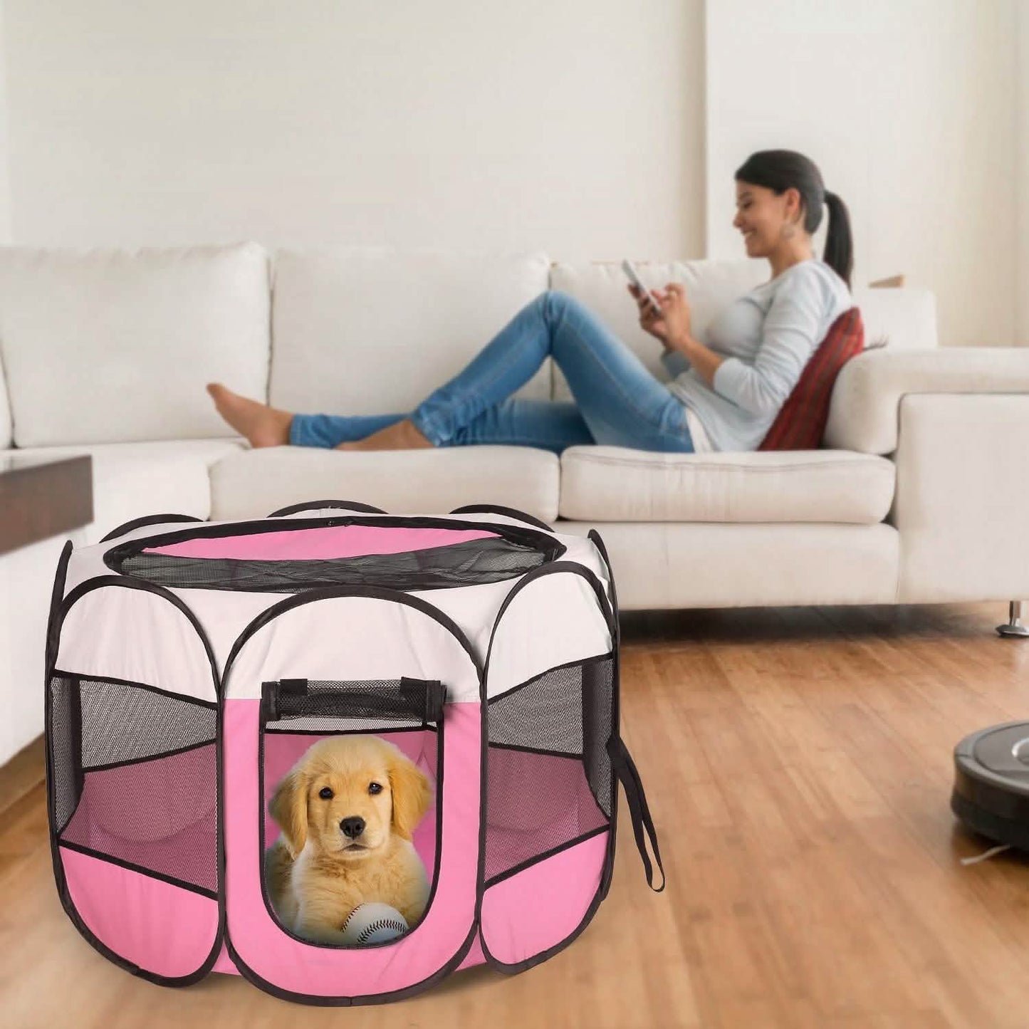 DailySale portable foldable pet playpen pink with black mesh panels for pets front image on Tampa Home & Garden Store