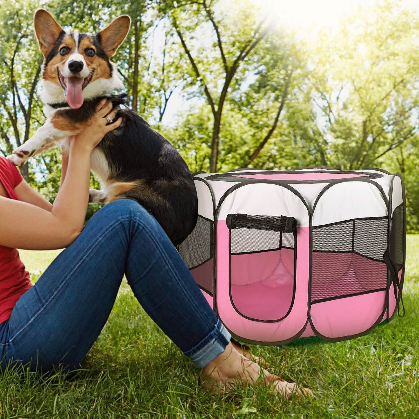 Portable pink foldable pet playpen with mesh panels for dogs/cats by DailySale on Tampa Home & Garden Store