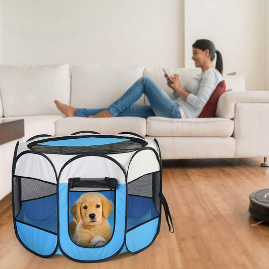 DailySale blue foldable pet playpen with black trim and mesh panels; puppy inside on Tampa Home & Garden Store