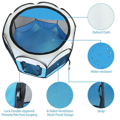Portable foldable pet playpen by DailySale, blue Oxford cloth, 8-sided mesh, water-resistant on Tampa Home & Garden Store