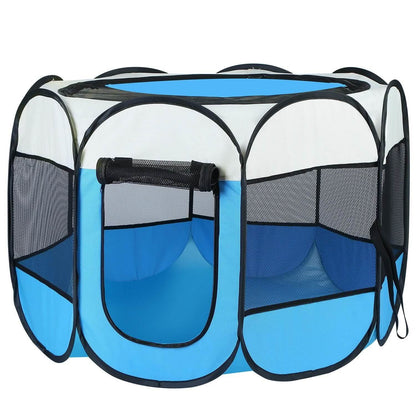 Portable foldable pet playpen for dogs and cats, blue panels with black mesh sides, DailySale on Tampa Home & Garden Store