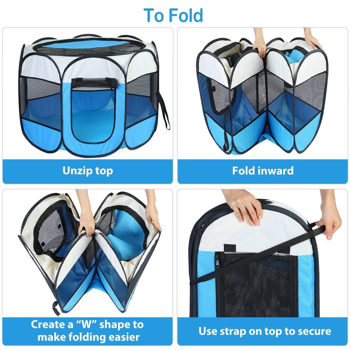Portable foldable pet playpen for dogs and cats in blue/white with black mesh panels by DailySale on Tampa Home & Garden Store