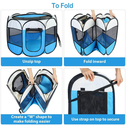 Portable foldable pet playpen for dogs and cats in blue/white with black mesh panels by DailySale on Tampa Home & Garden Store