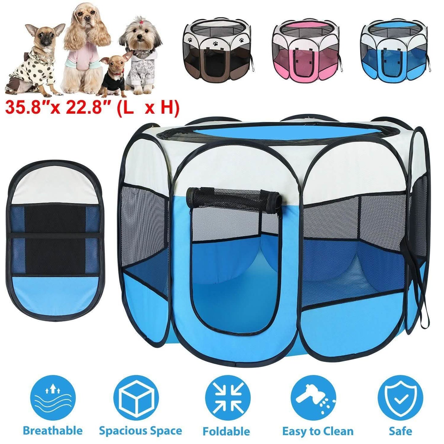DailySale portable foldable pet playpen blue/black, 35.8 x 22.8 in, breathable mesh on Tampa Home & Garden Store