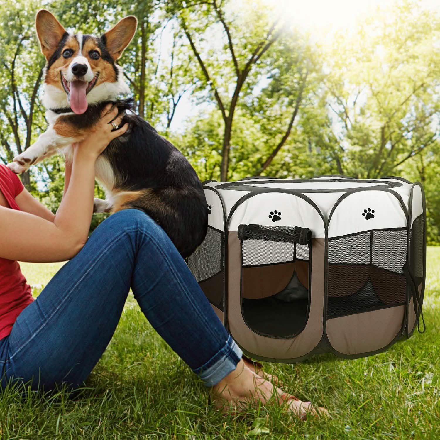 Portable foldable pet playpen for dogs and cats with white top panels and mesh sides on Tampa Home & Garden Store