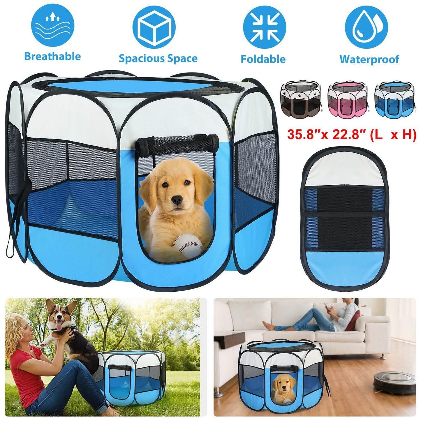 Portable foldable pet playpen blue/white with mesh panels by DailySale; carry bag included on Tampa Home & Garden Store