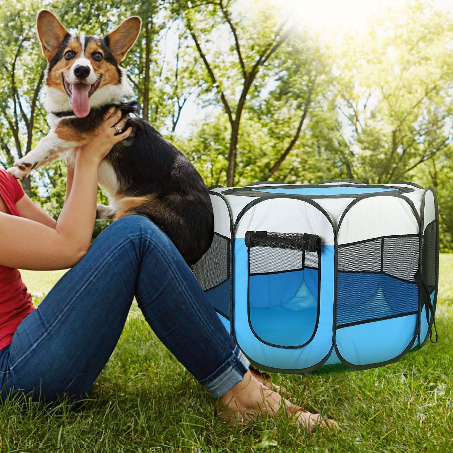 Portable Foldable Pet Playpen for Dogs Cats Other Pets, blue/gray with mesh panels, DailySale on Tampa Home & Garden Store