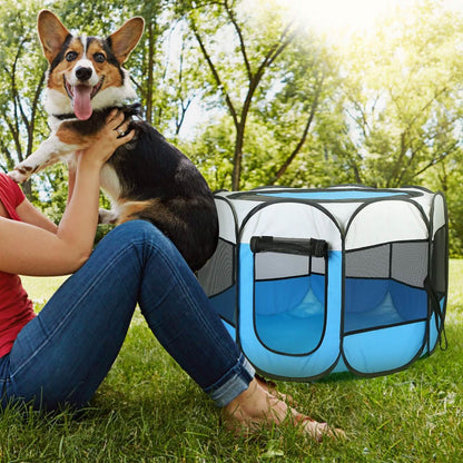 Portable Foldable Pet Playpen for Dogs Cats Other Pets, blue/gray with mesh panels, DailySale on Tampa Home & Garden Store