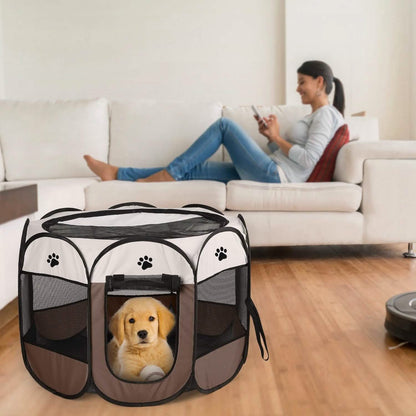 Portable foldable pet playpen by DailySale grey and black with paw-print mesh panels on Tampa Home & Garden Store