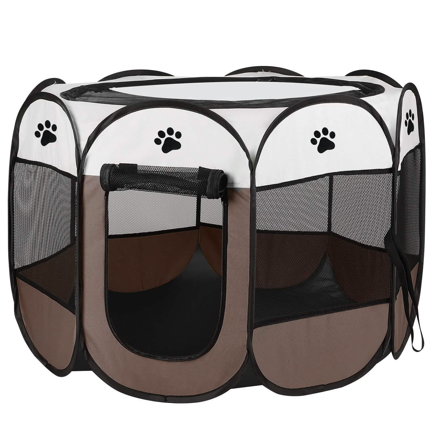 Portable foldable pet playpen by DailySale, white paw-print top with brown mesh panels on Tampa Home & Garden Store