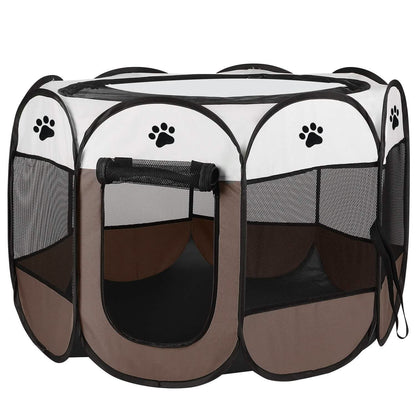 Portable foldable pet playpen by DailySale, white paw-print top with brown mesh panels on Tampa Home & Garden Store