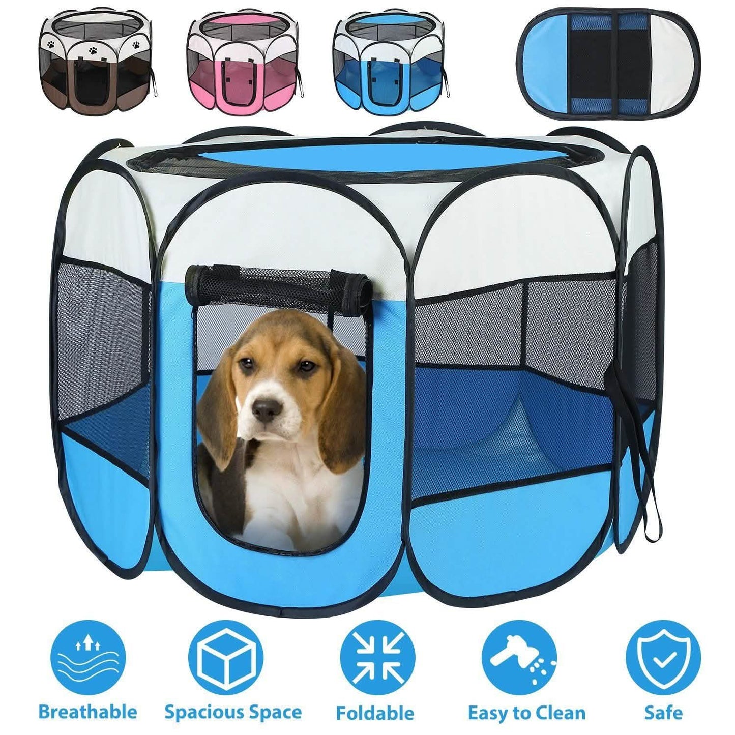 Portable Foldable Pet Playpen blue by DailySale with mesh panels on Tampa Home & Garden Store